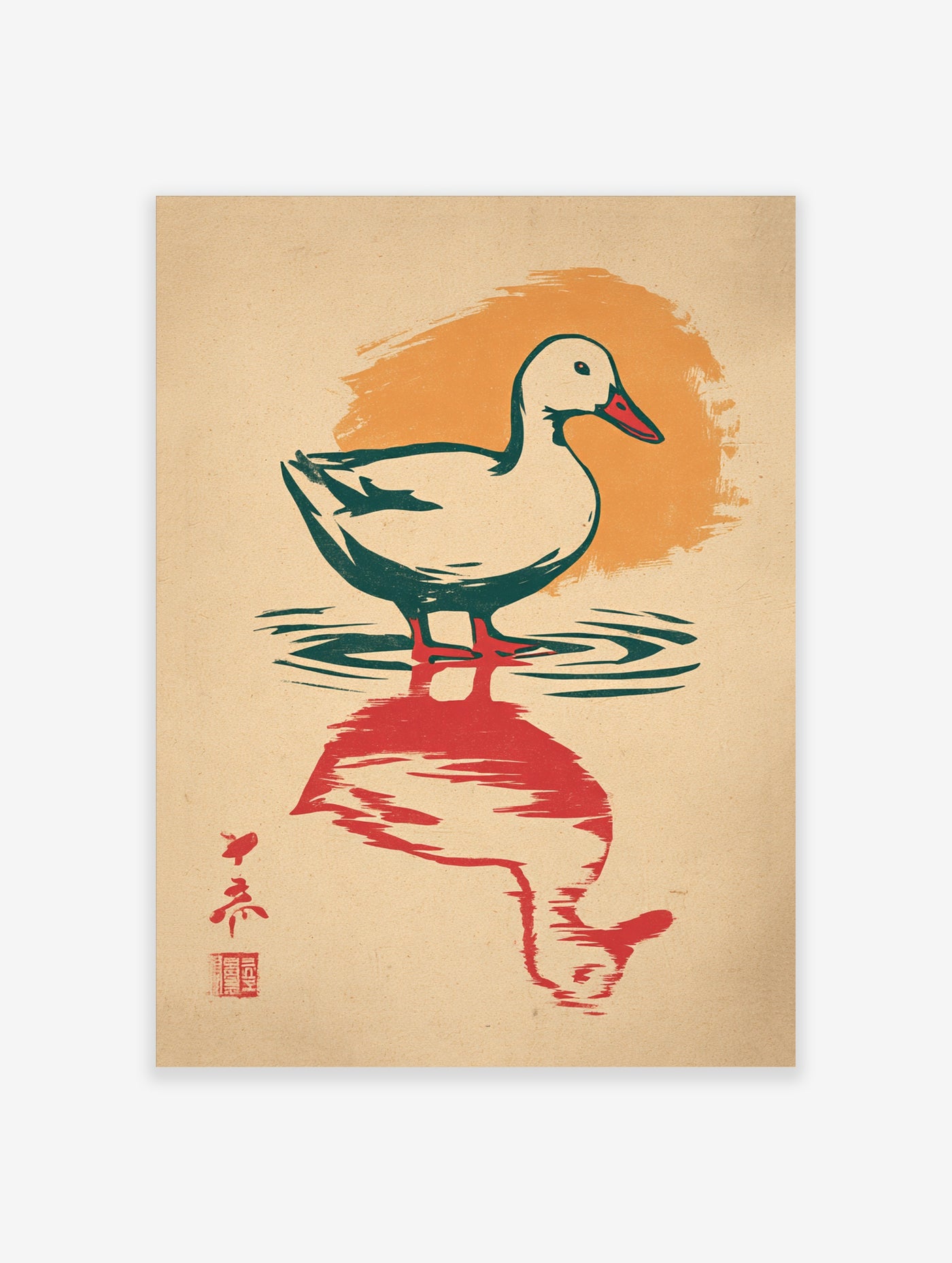 Duck poster with red reflection, orange sun, and Japanese-style brushwork on beige background