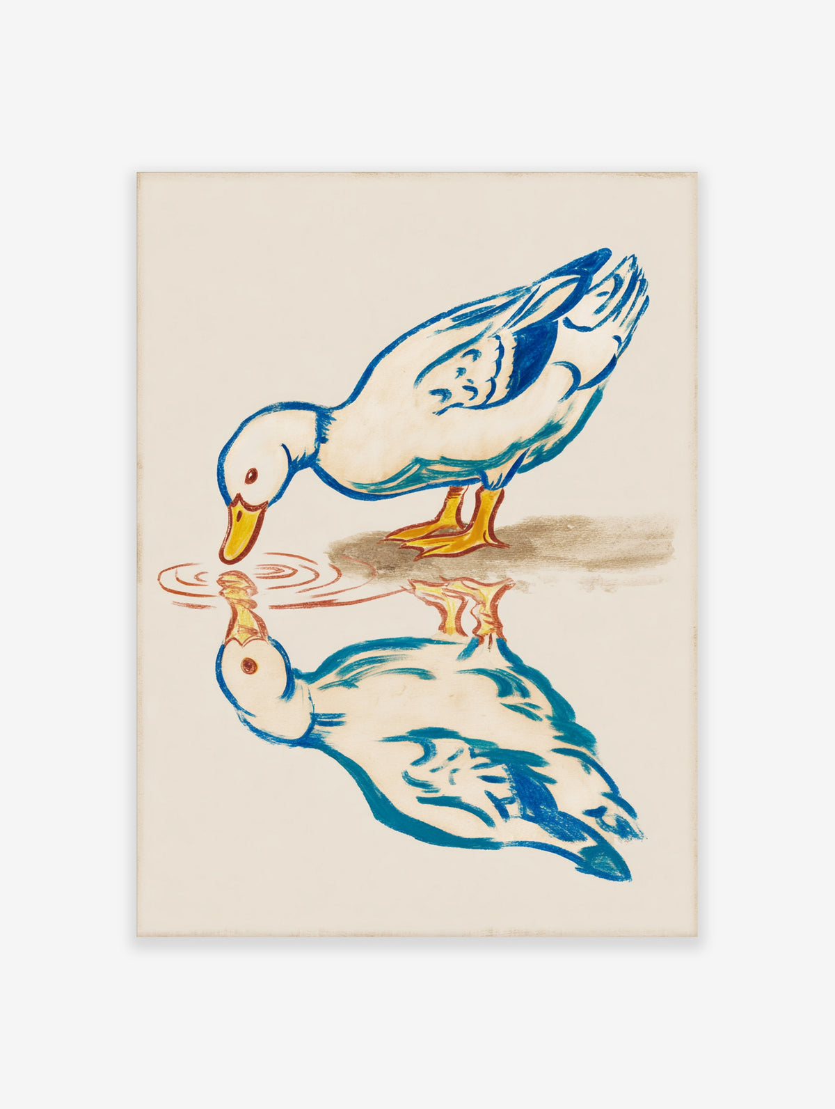 White duck with blue outlines and yellow beak looking at reflection in rippled water, unframed animal print