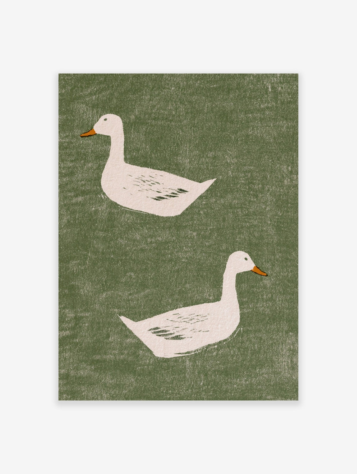 Two illustrated white ducks with orange beaks on a textured green background, minimalist animal wall art print