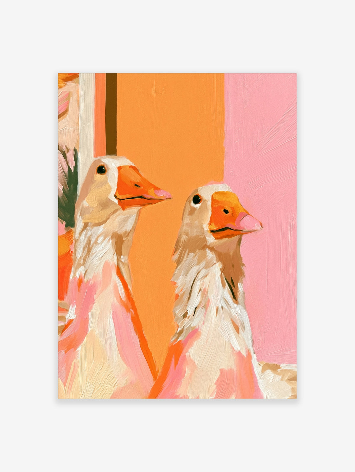 Duck wall art print of two geese with orange beaks and cream plumage on a pastel pink and orange background