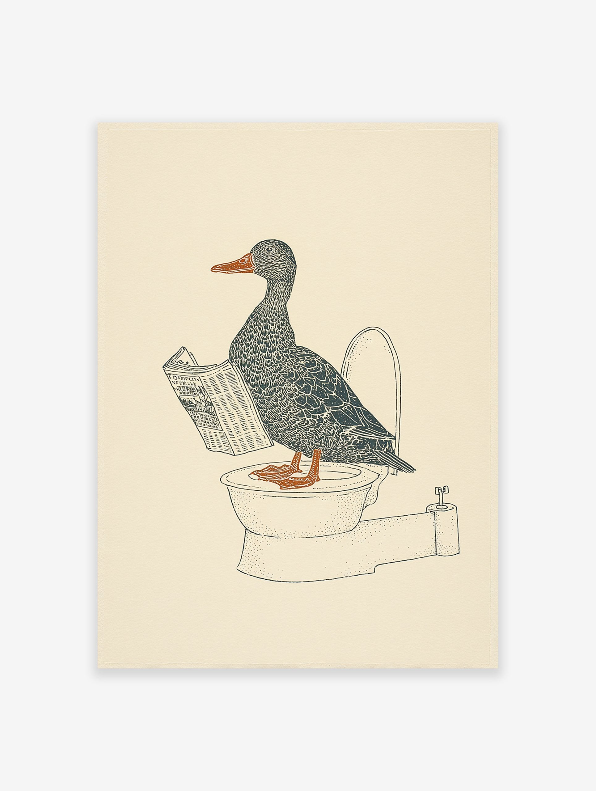 Duck wall art illustration of a gray duck with an orange beak and feet reading a newspaper while sitting on a toilet.