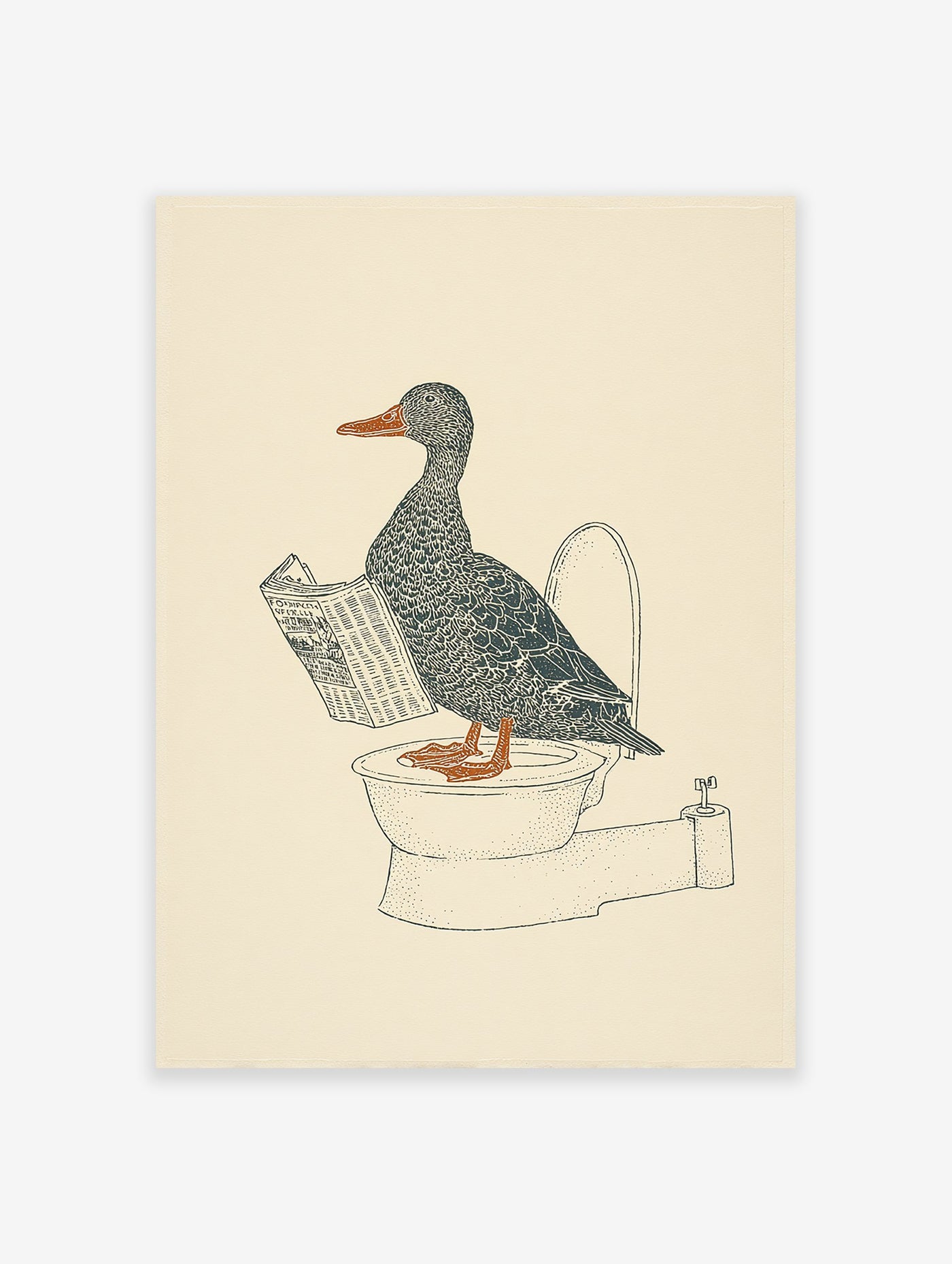 Duck wall art illustration of a gray duck with an orange beak and feet reading a newspaper while sitting on a toilet.