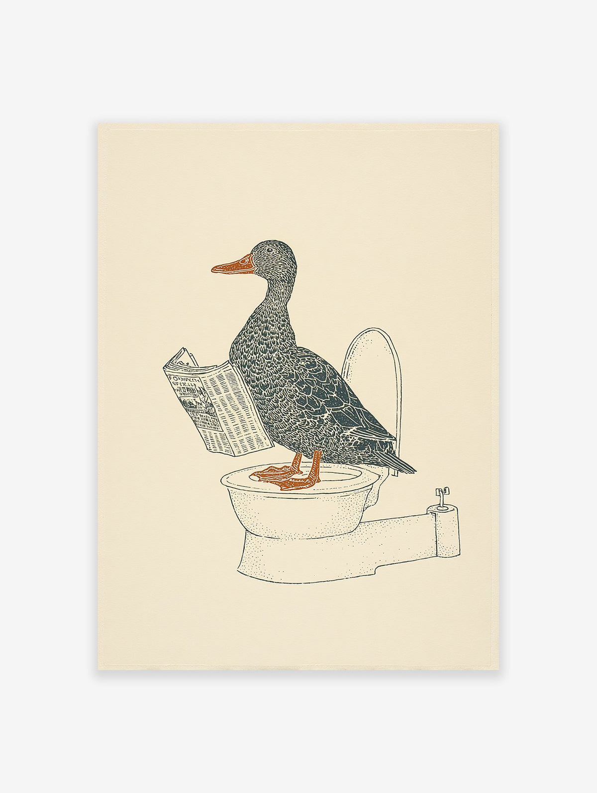 Duck wall art illustration of a gray duck with an orange beak and feet reading a newspaper while sitting on a toilet.