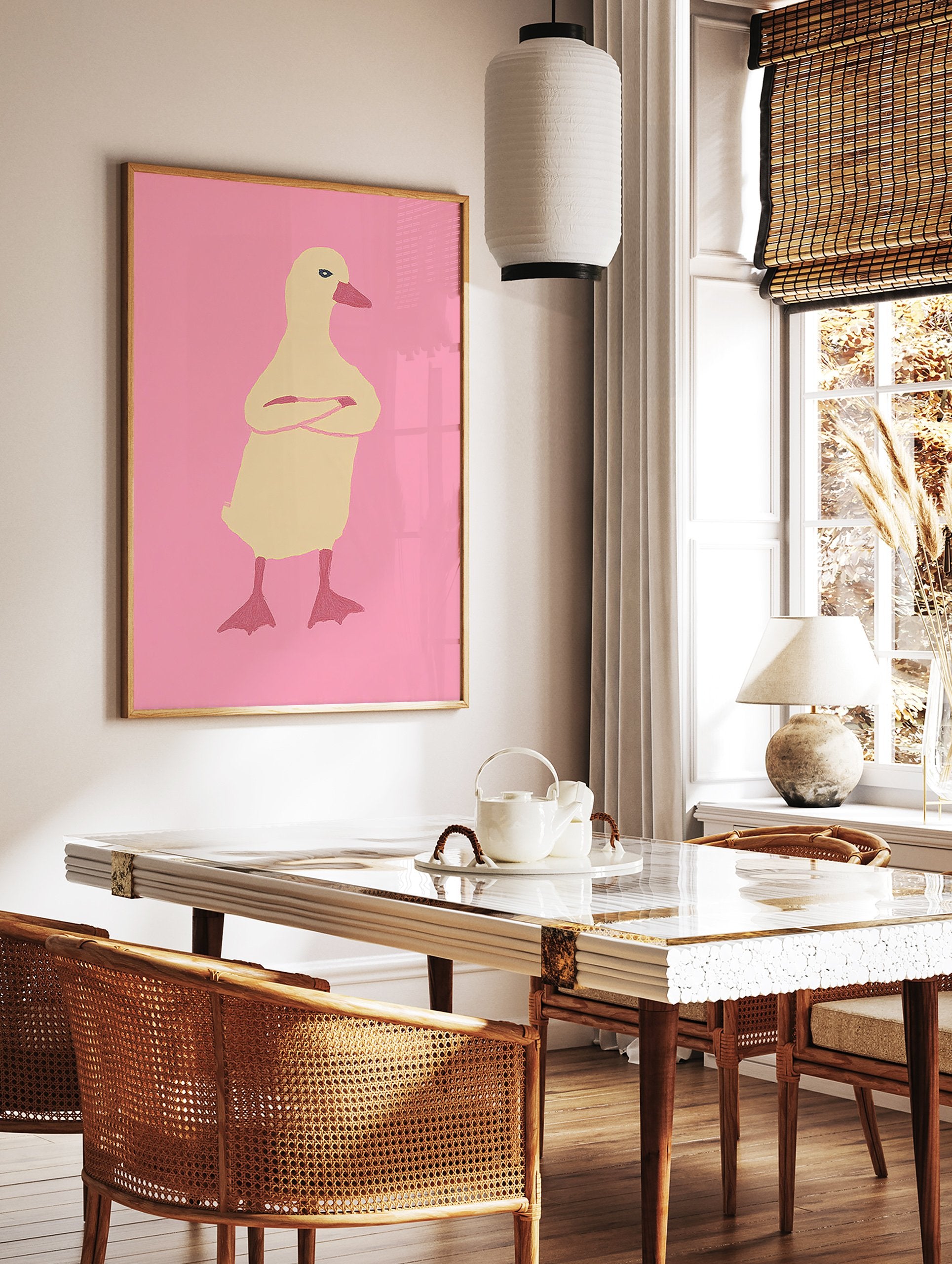 Illustrated duck wall art with crossed arms on a pink background, featuring a pale yellow duck with a reddish-pink beak. - Image 2