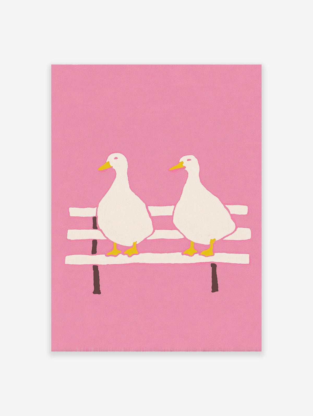 Illustrated pink duck wall art featuring two white ducks with yellow beaks and feet sitting on a bench against a pink background.