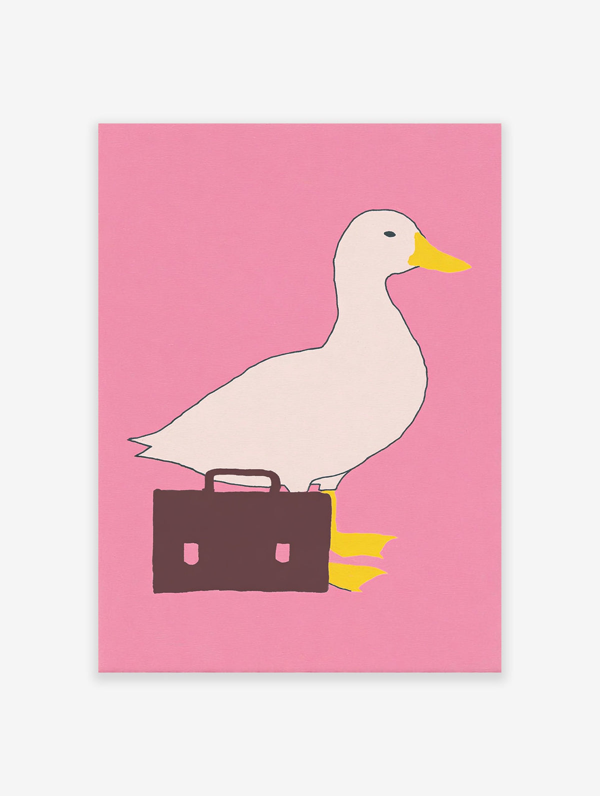 White duck with yellow beak and black eye carrying a brown briefcase on a pink background, quirky duck wall art print.