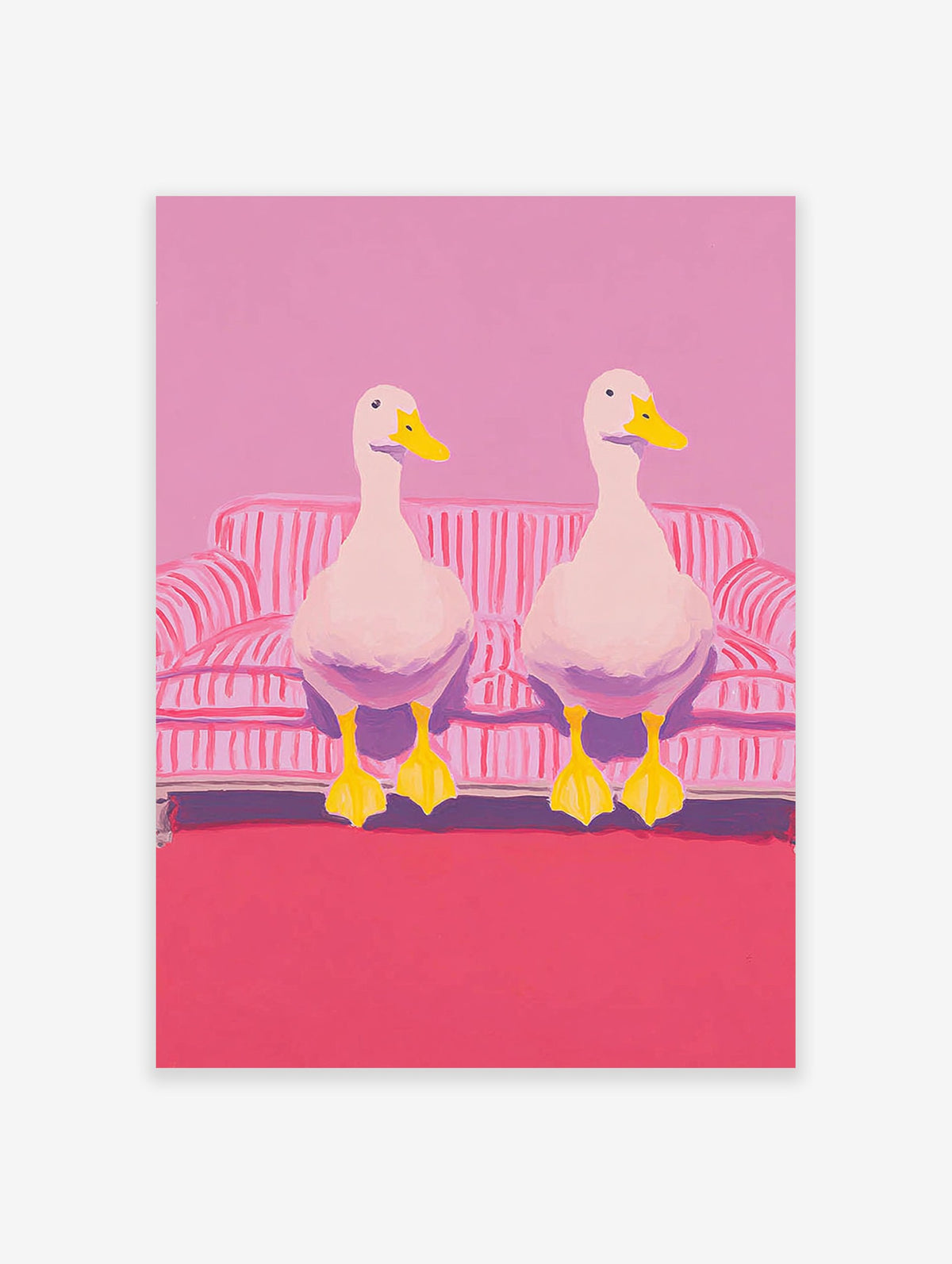 Two white ducks with yellow beaks and feet sitting on a pink and white striped couch in pink room. Duck wall art.