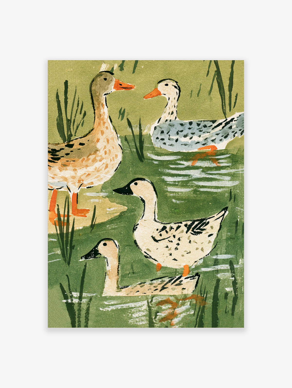 Vintage style duck art print with four ducks in a green pond and reeds