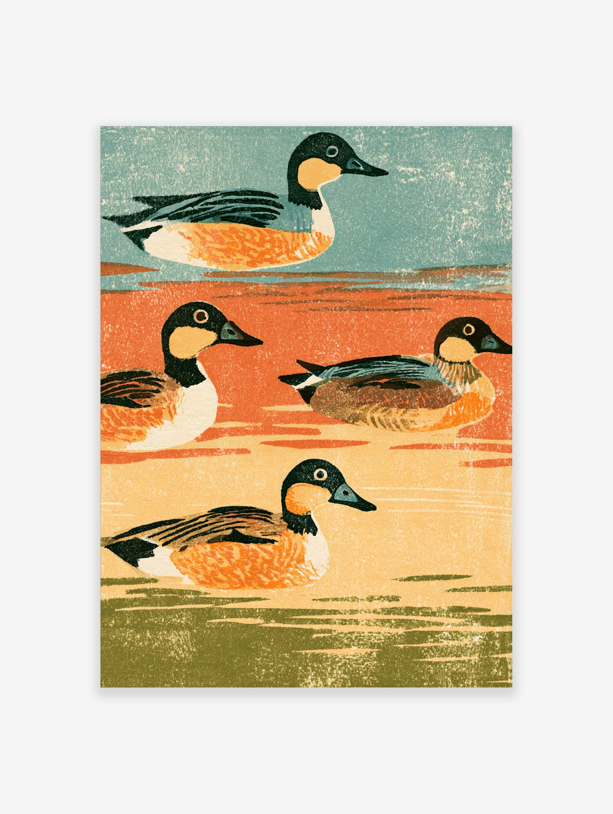 Vintage woodblock-style duck art print with four swimming ducks in teal, orange, and olive bands