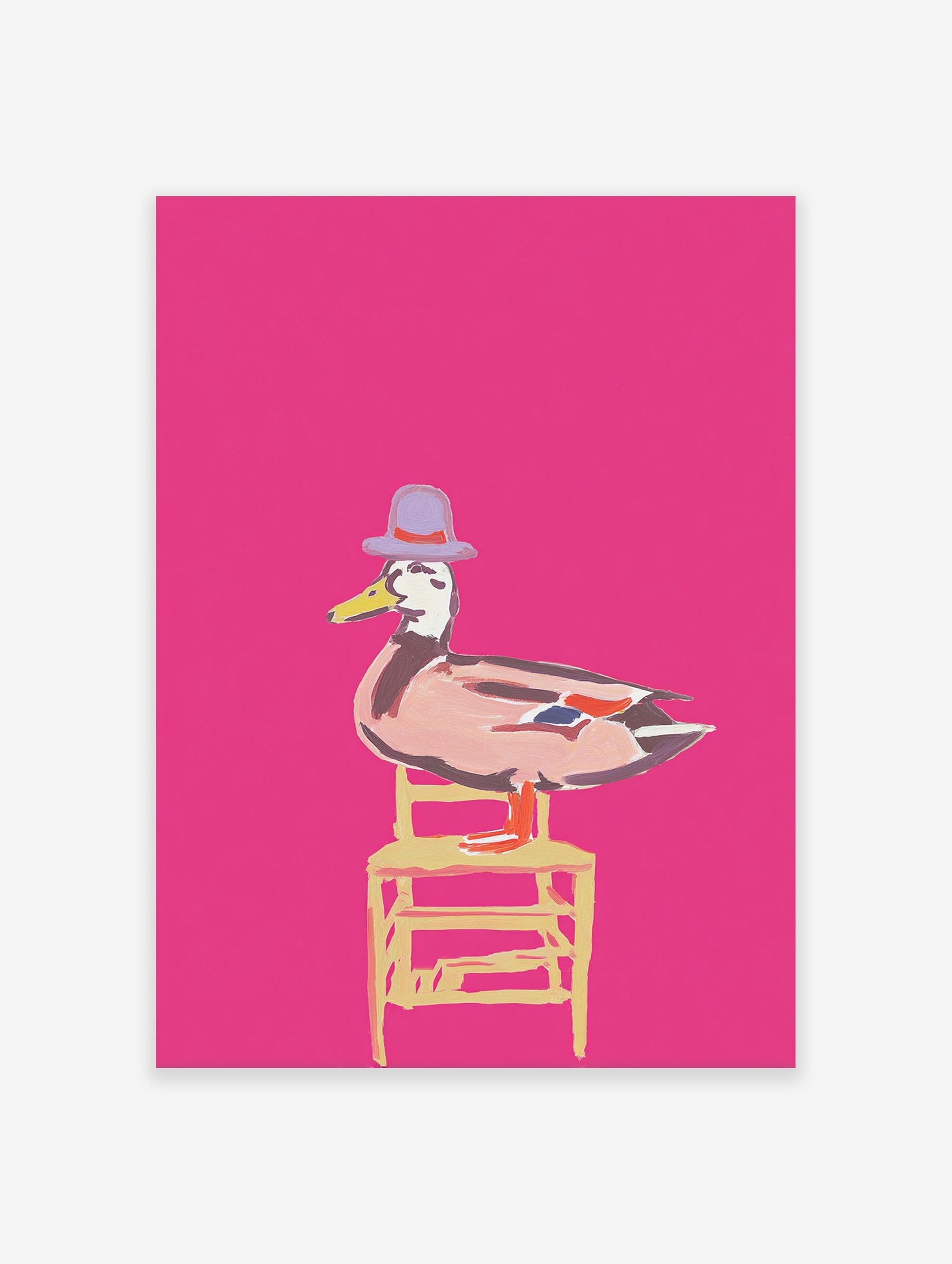 Whimsical duck wall art illustration wearing a purple hat and sitting on a yellow chair against a bright pink background.