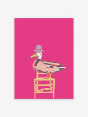 Whimsical duck wall art illustration wearing a purple hat and sitting on a yellow chair against a bright pink background.