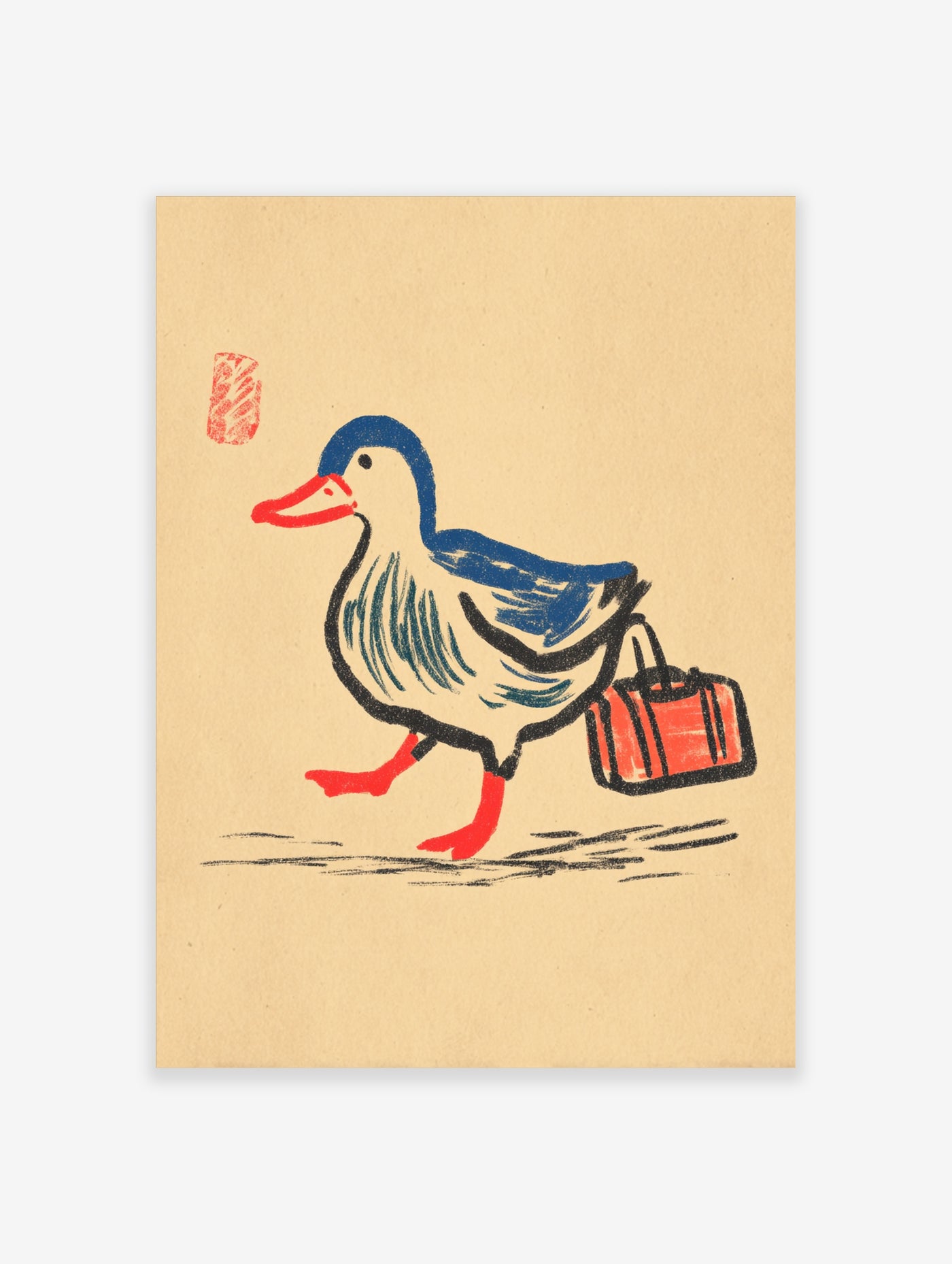Retro illustration of a duck carrying a red bag, blue and red on beige background, with red seal stamp