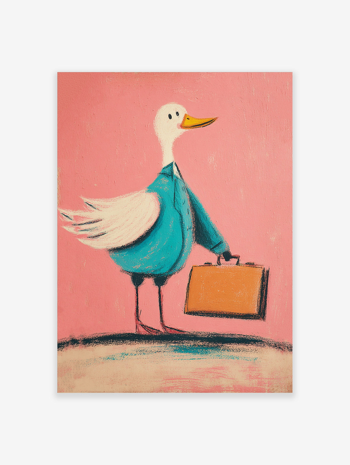 Whimsical duck in teal coat holding orange briefcase on pink background, illustrated art print