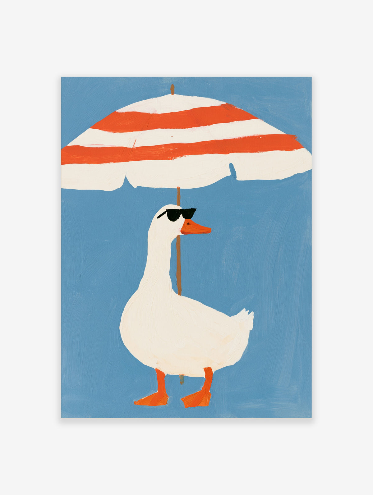 Illustration of a white duck in sunglasses standing under a red and white striped beach umbrella on a blue background