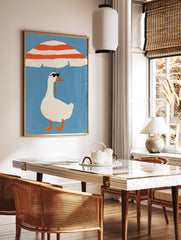 Illustration of a white duck in sunglasses standing under a red and white striped beach umbrella on, in a styled room mockup