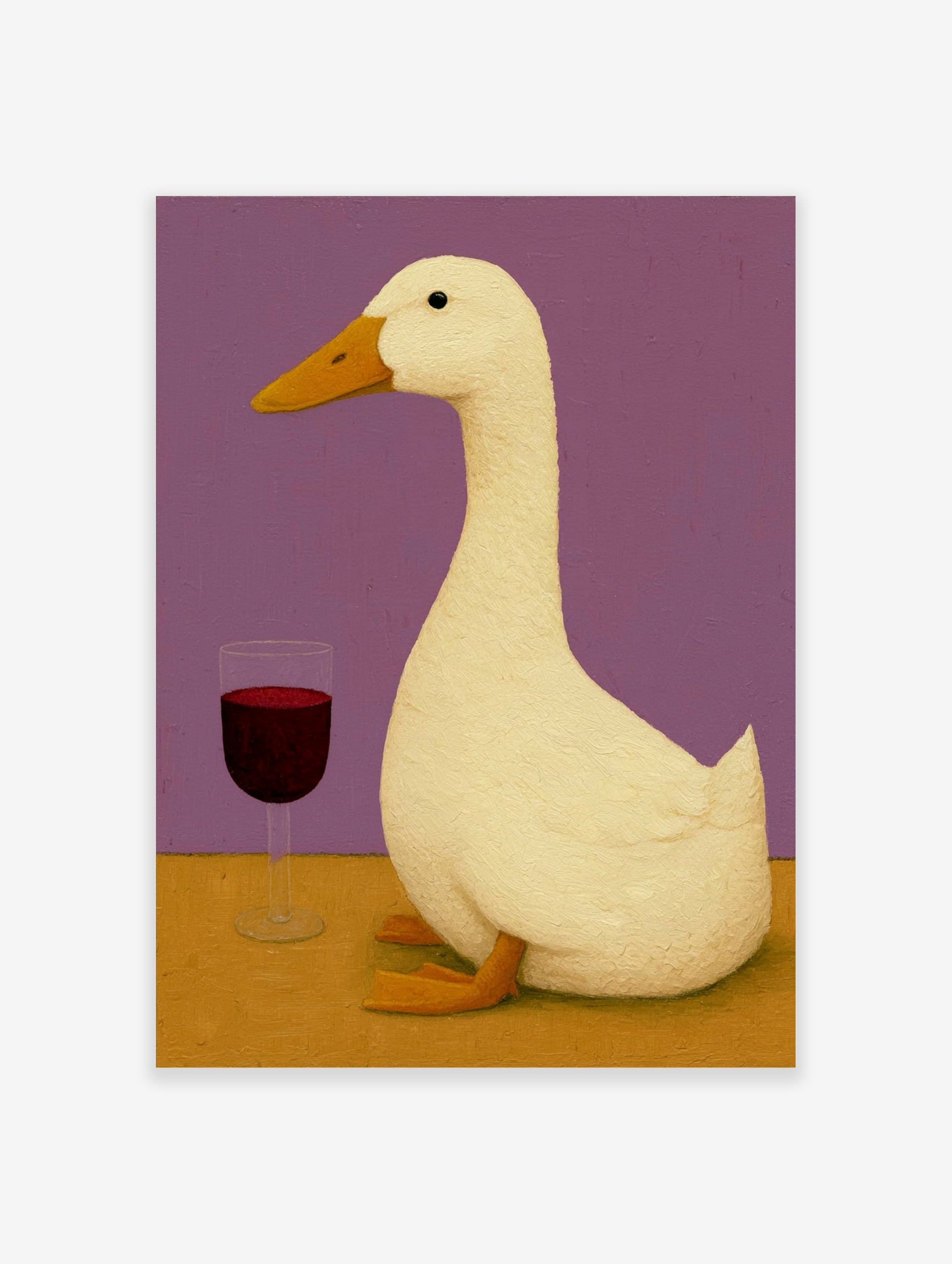 Illustrative art print of a white duck standing next to a glass of red wine against a solid purple background