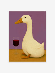 Illustrative art print of a white duck standing next to a glass of red wine against a solid purple background