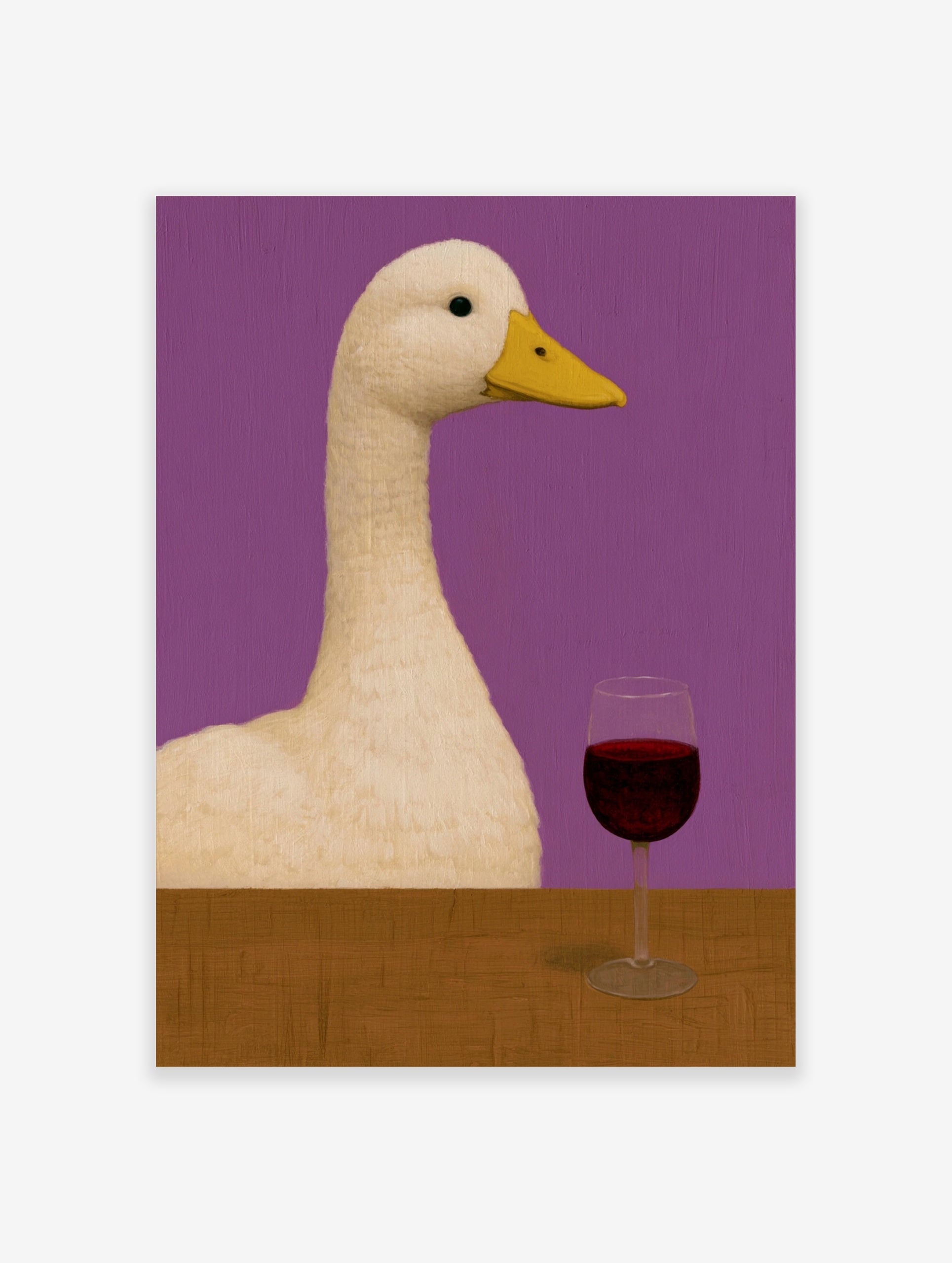 Quirky illustration of a white duck sitting at a wooden table with a glass of red wine against a purple background
