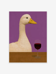 Quirky illustration of a white duck sitting at a wooden table with a glass of red wine against a purple background