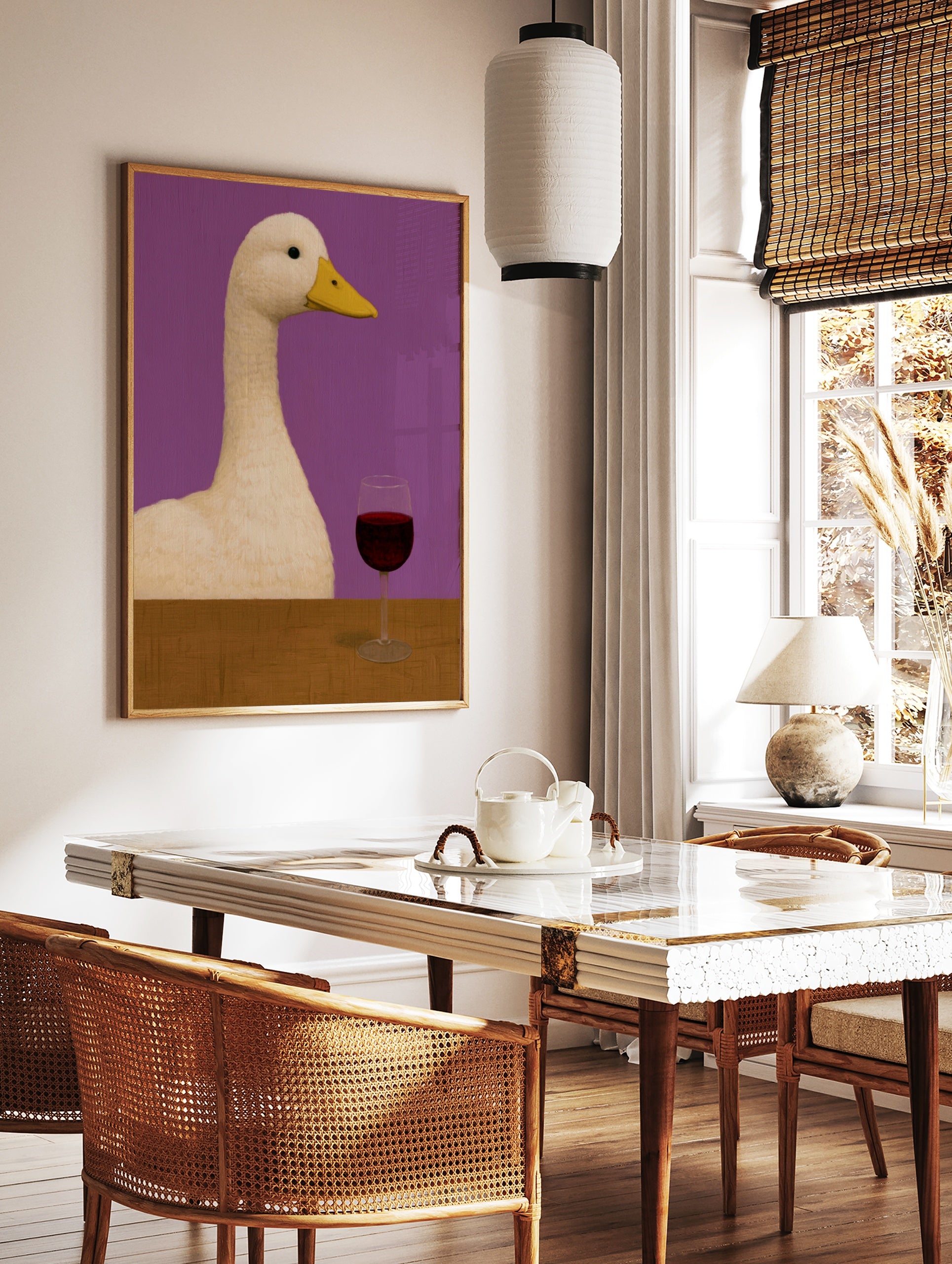 Quirky illustration of a white duck sitting at a wooden table with a glass of red wine against a, in a styled room mockup