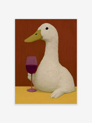 An illustrative art print of a white duck holding a glass of red wine against a warm red background