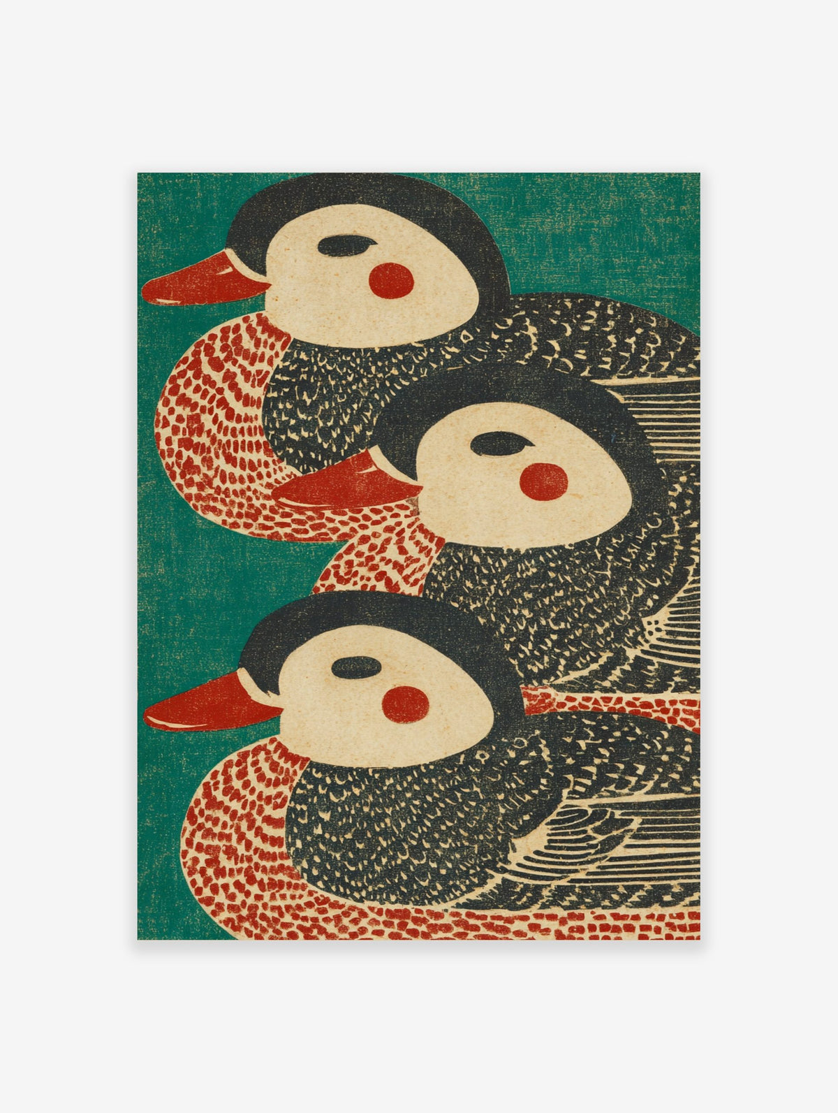 Three stylised duck illustrations with red beaks and cheeks on a teal background, in a woodblock print style