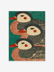 Three stylised duck illustrations with red beaks and cheeks on a teal background, in a woodblock print style