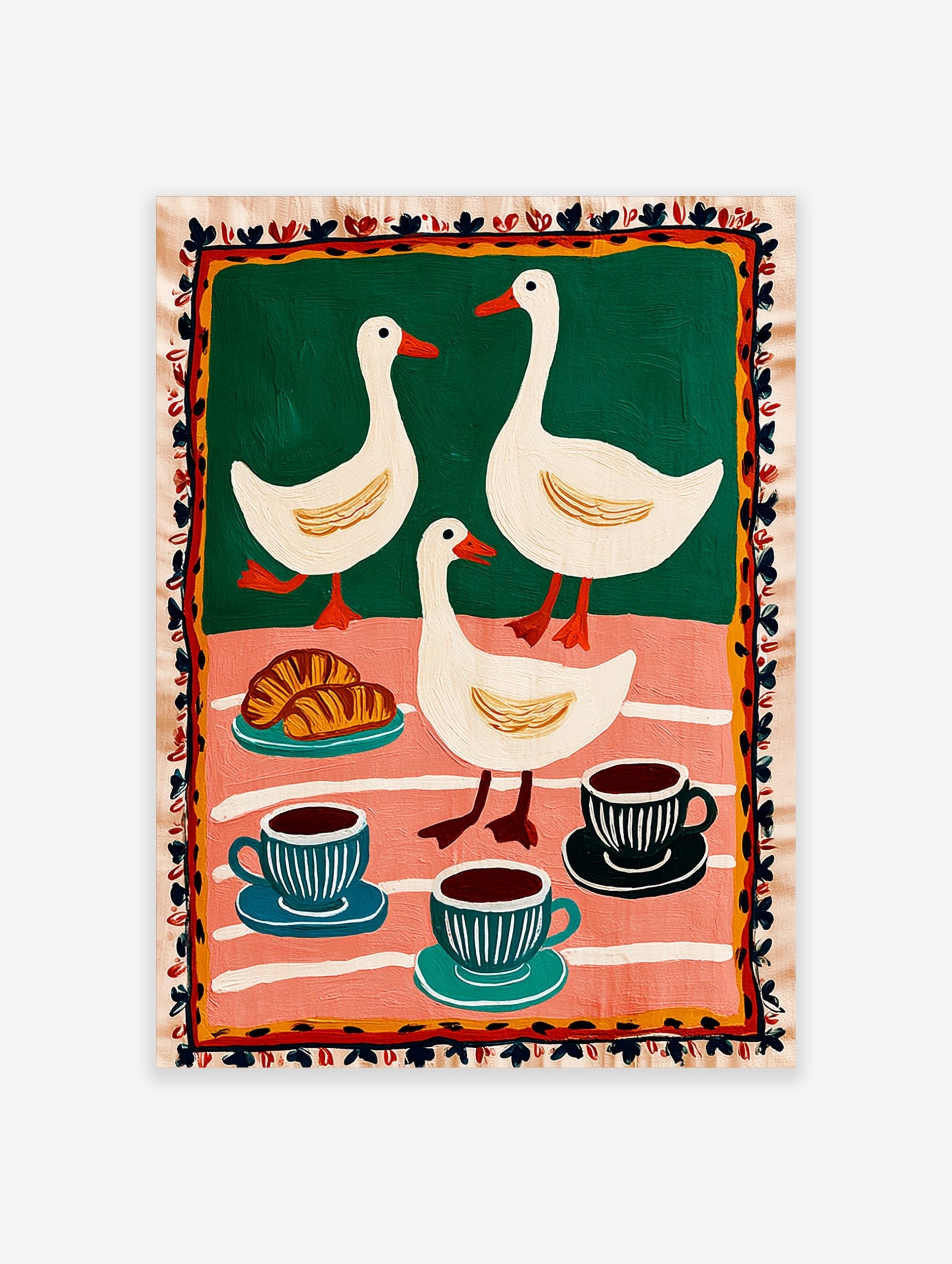Folk art print of three white ducks, croissants, and coffee cups on green and pink striped background