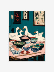 Illustrative print of four white ducks dining at a table filled with food bowls, teal background, Japanese style