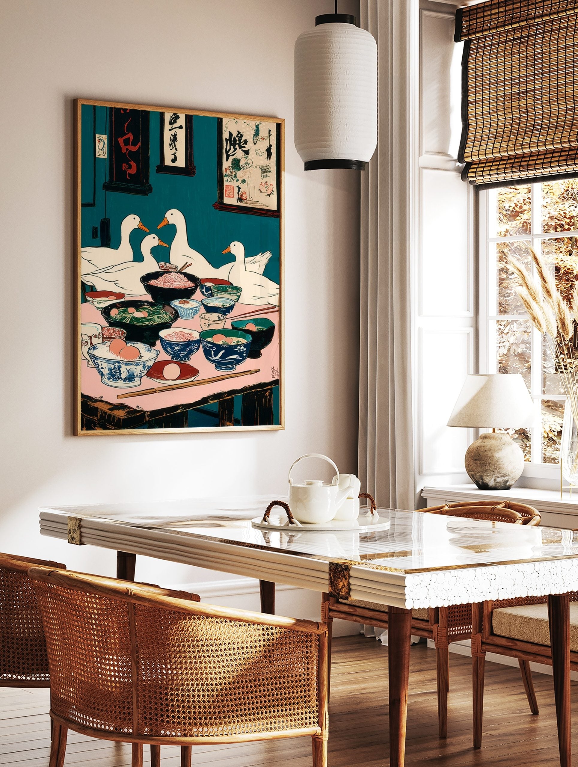Illustrative print of four white ducks dining at a table filled with food bowls, teal background, in a styled room mockup
