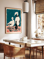Illustrative print of two white ducks, one in a bow tie, at a dinner table with a bottle against a, in a styled room mockup