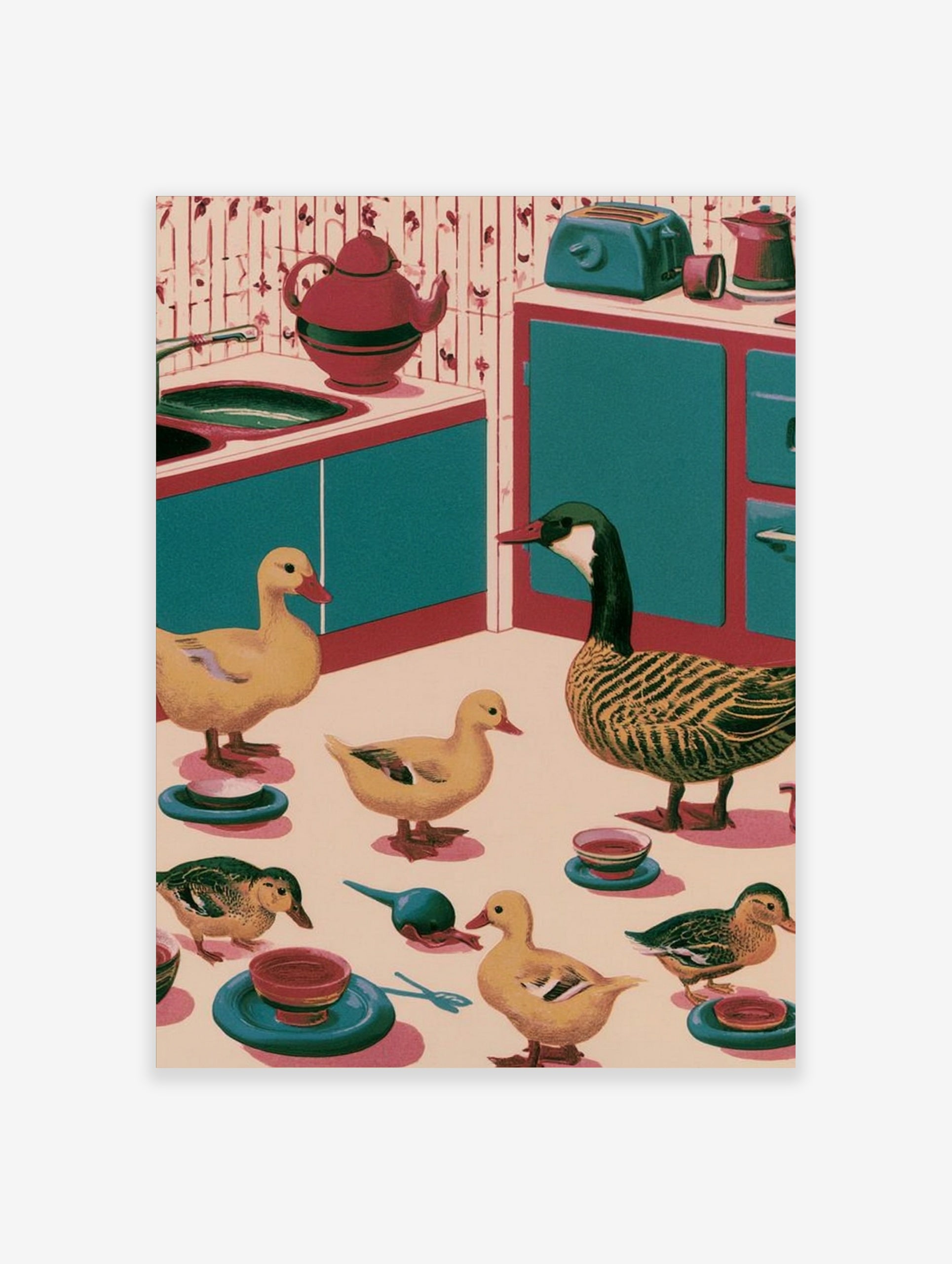 Retro kitchen wall art illustration of ducks and a goose in a teal and red kitchen setting