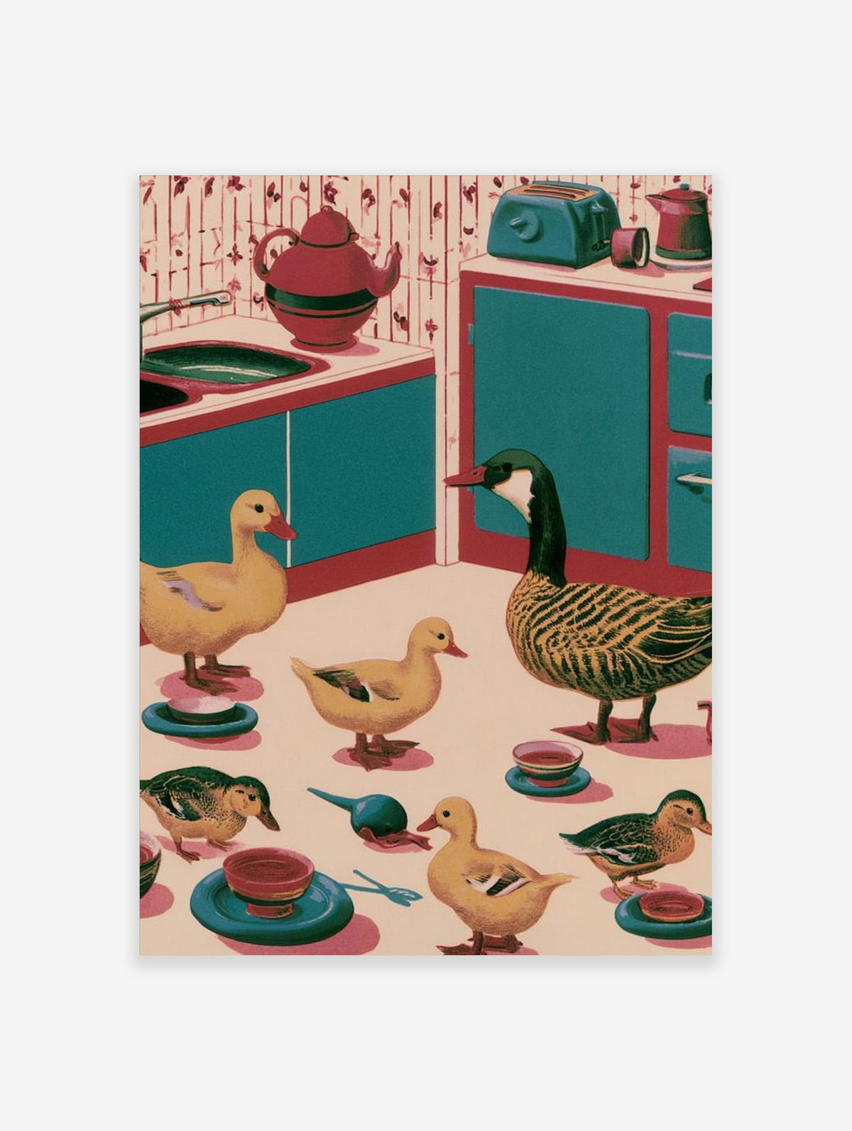 Retro kitchen wall art illustration of ducks and a goose in a teal and red kitchen setting