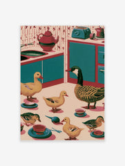 Retro kitchen wall art illustration of ducks and a goose in a teal and red kitchen setting