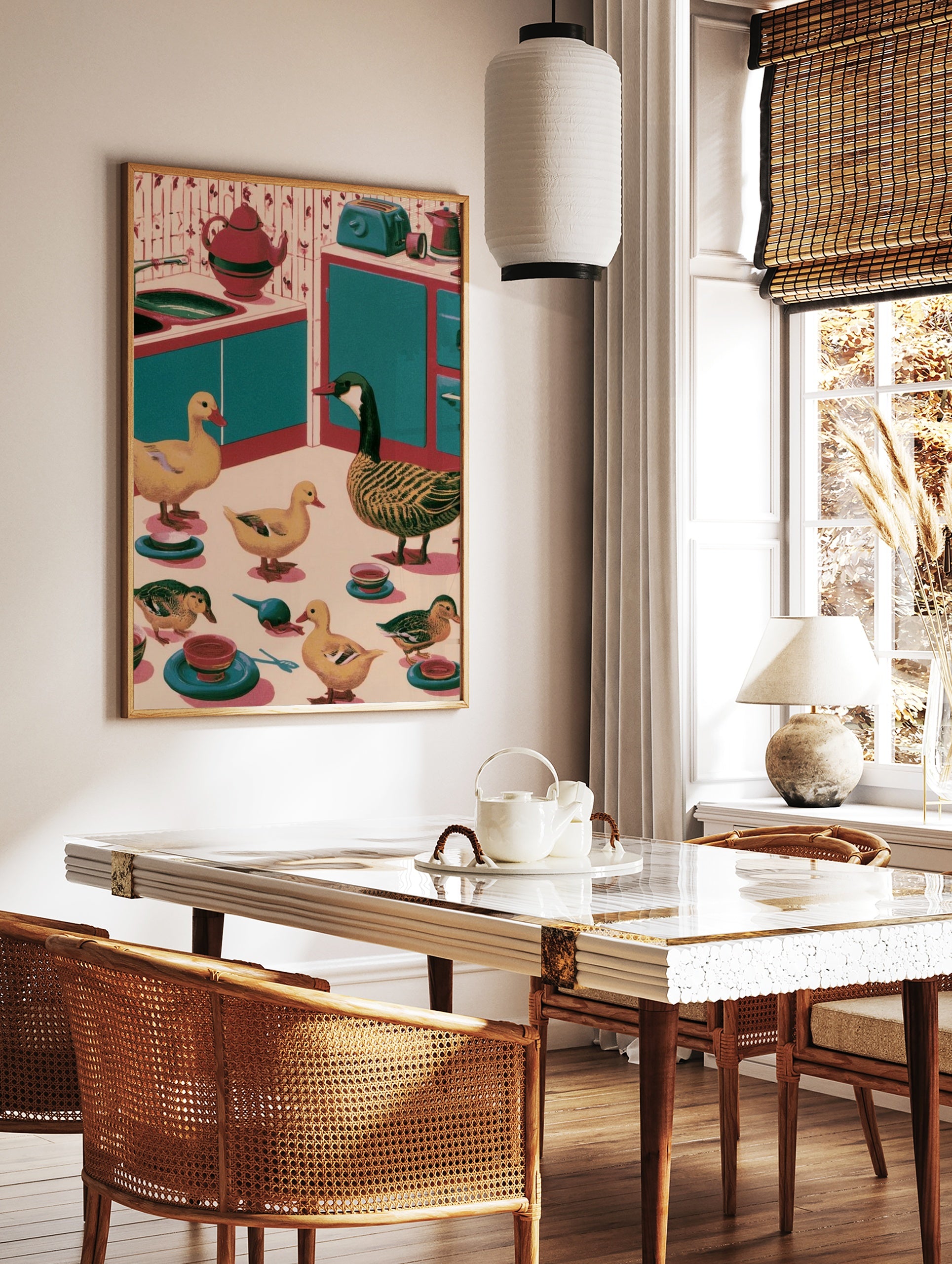 Retro kitchen wall art illustration of ducks and a goose in a teal and red kitchen setting, in a styled room mockup