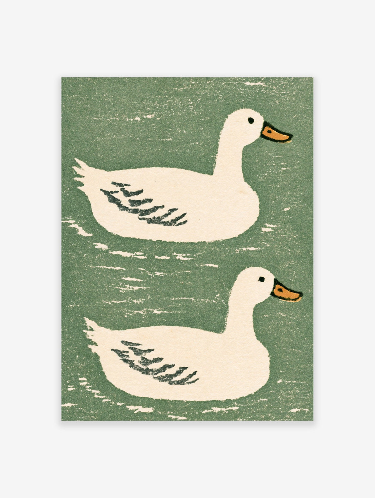 Illustrative wall art print of two white ducks with orange beaks on a textured green background