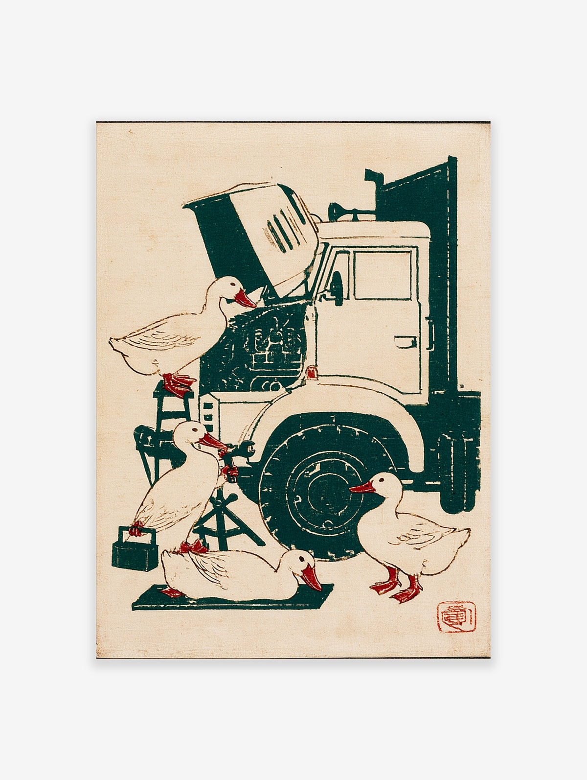 Four white ducks repairing a dark green truck, vintage illustration, beige background, red accents