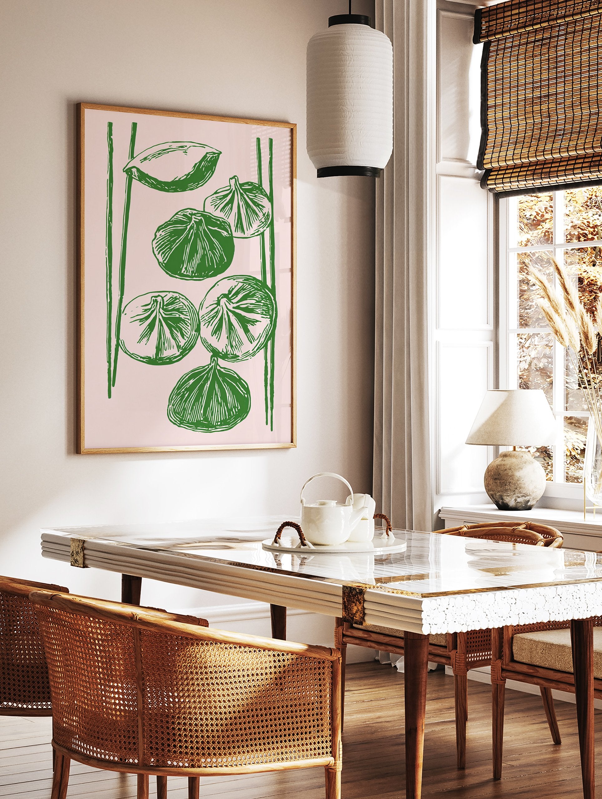 Green dumpling illustration poster on a light pink background with vertical lines, resembling chopsticks. - Image 2