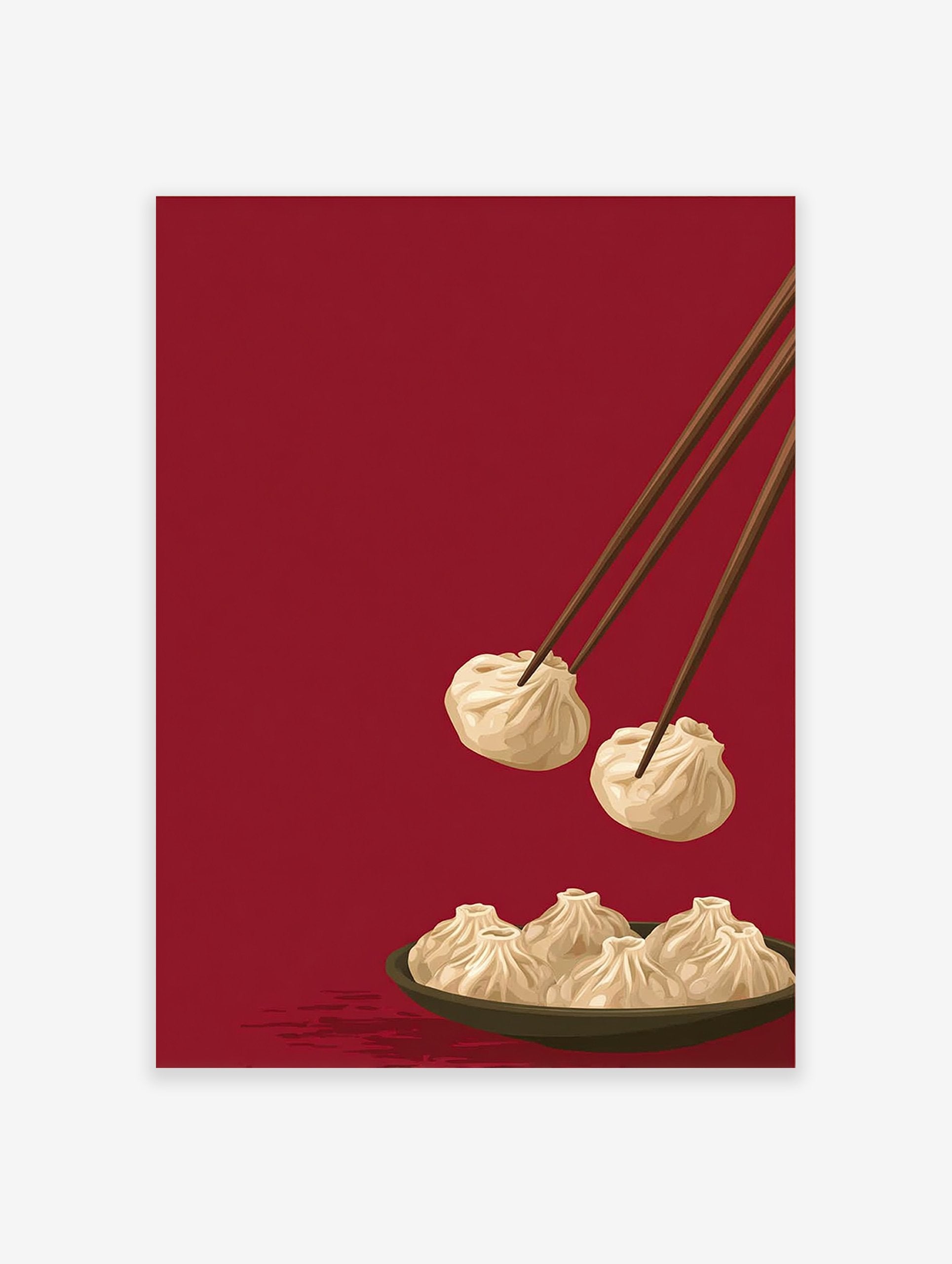 Illustrated dumpling wall art showing chopsticks picking up a dumpling from a bowl on a deep red background.