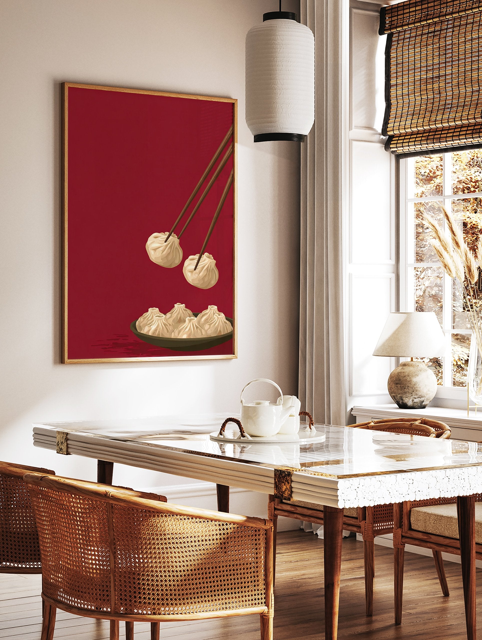 Illustrated dumpling wall art showing chopsticks picking up a dumpling from a bowl on a deep red background. - Image 3