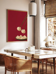 Illustrated dumpling wall art showing chopsticks picking up a dumpling from a bowl on a deep red background. - Image 3