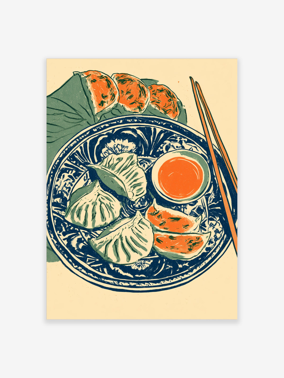 Dumpling and dim sum food illustration with blue patterned plate, orange sauce bowl, and chopsticks
