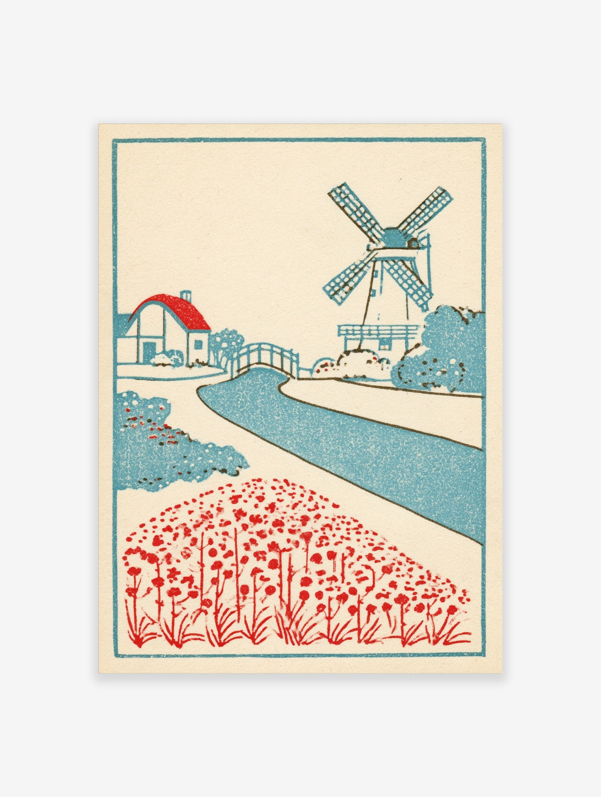 Vintage style Dutch landscape art print with a windmill, cottage, canal, and red flower field on a cream background