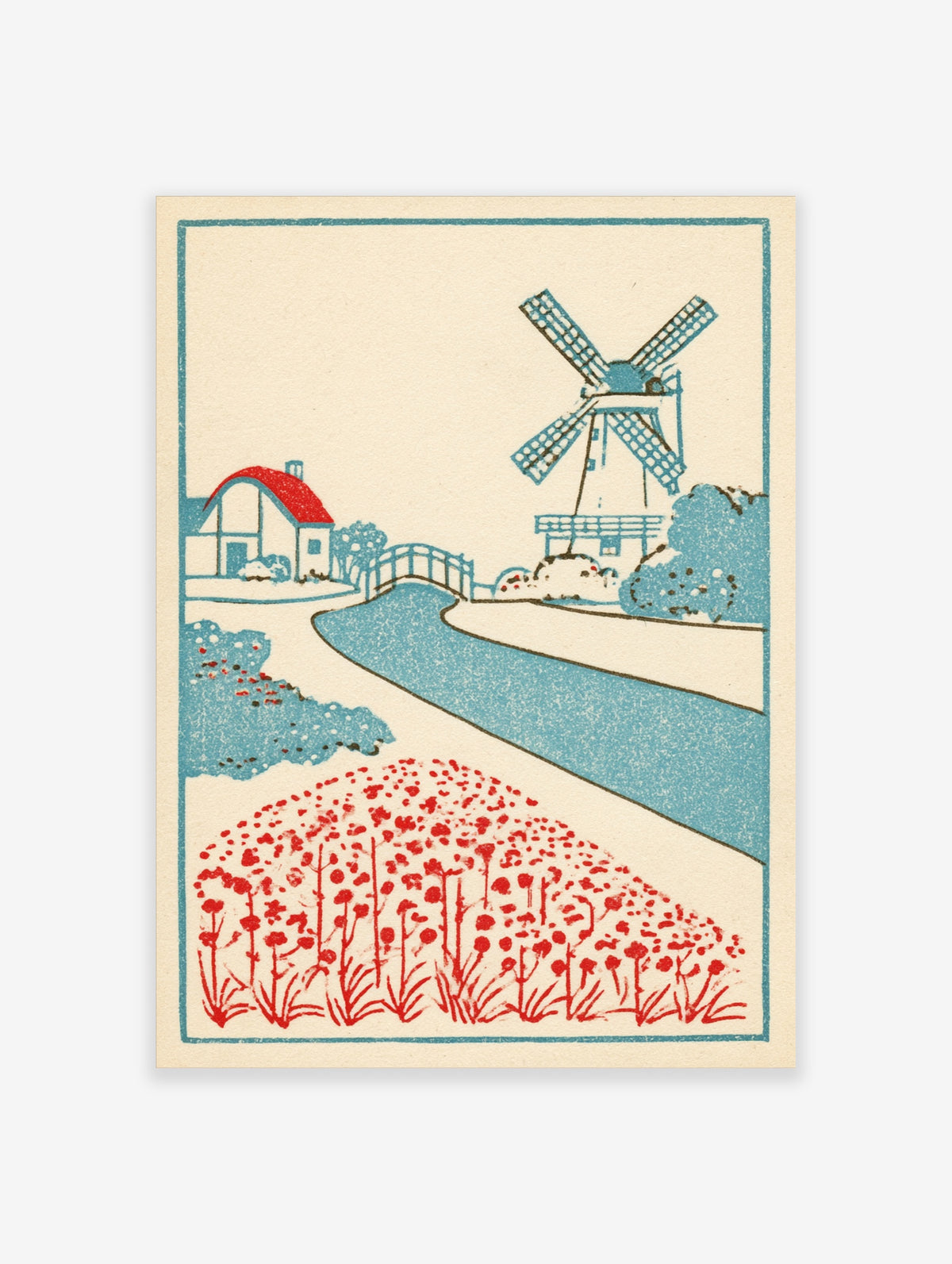 Vintage style Dutch landscape art print with a windmill, cottage, canal, and red flower field on a cream background