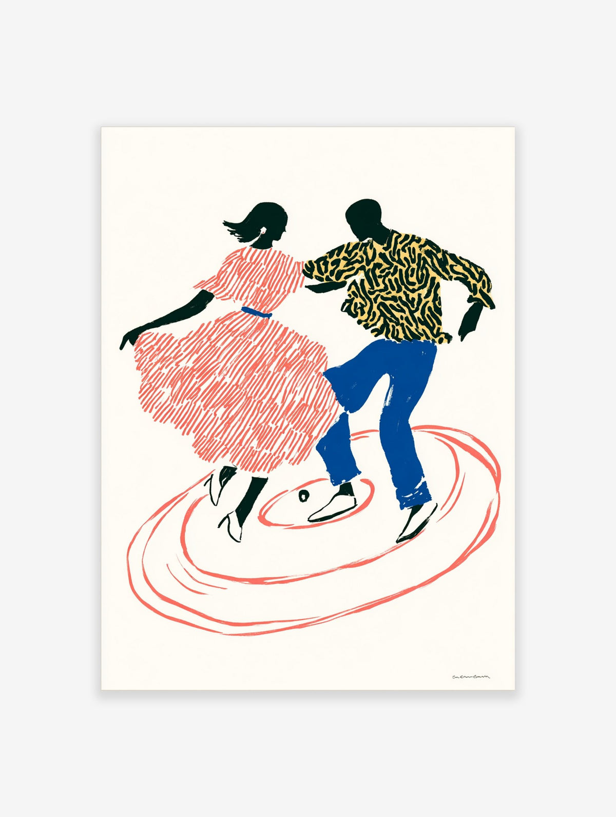 Illustrative print of two dynamic black silhouette dancers with red, blue, and yellow details, dancing over a red vinyl