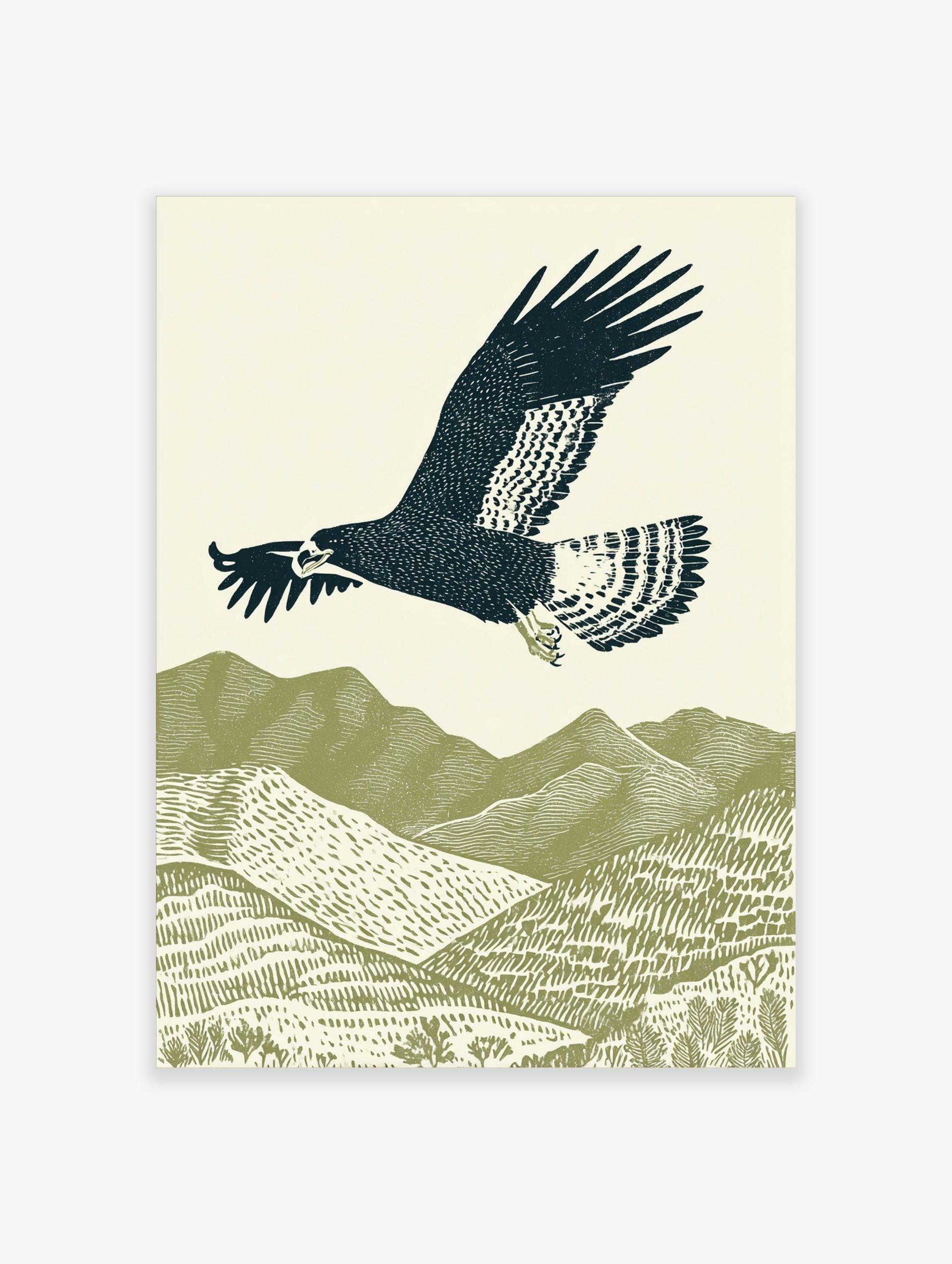 Illustrative woodcut-style print of a dark blue eagle flying over green textured mountains and hills