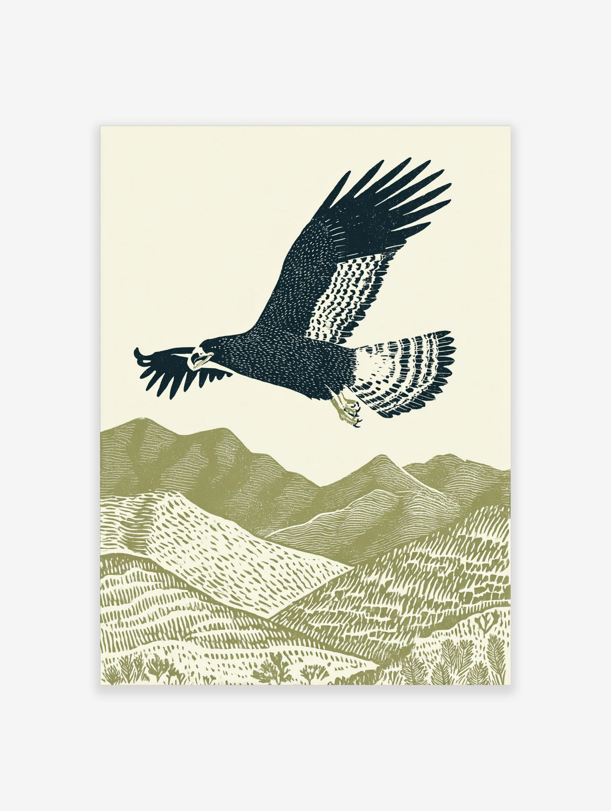 Illustrative woodcut-style print of a dark blue eagle flying over green textured mountains and hills