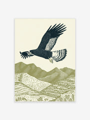 Illustrative woodcut-style print of a dark blue eagle flying over green textured mountains and hills