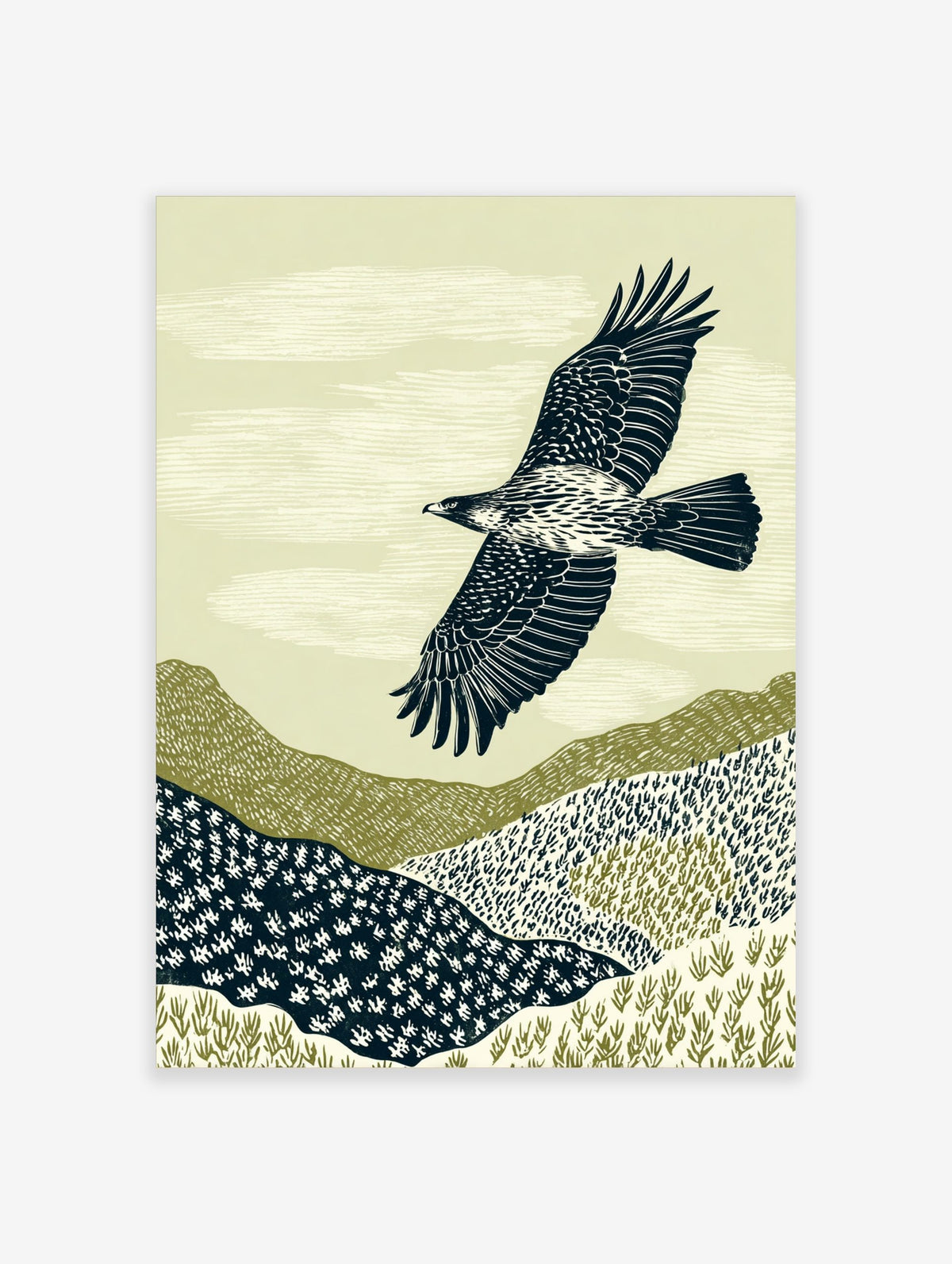 Illustrative print of an eagle with outstretched wings flying over textured green and navy hills with clouds