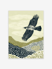 Illustrative print of an eagle with outstretched wings flying over textured green and navy hills with clouds